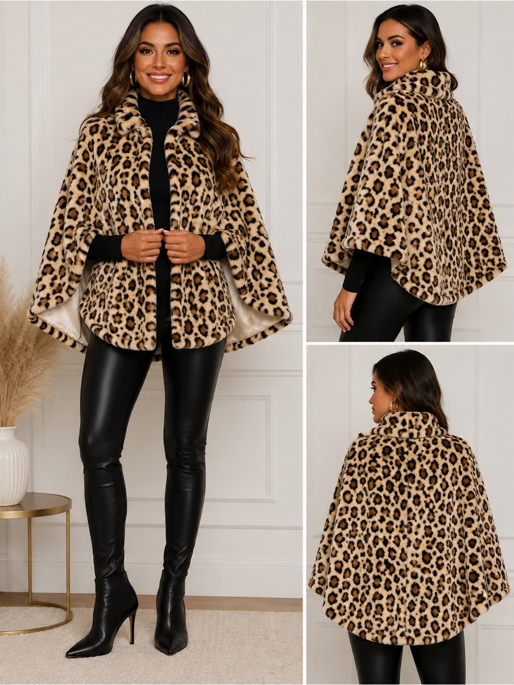 VENUS Leopard Print Faux Fur Cape Poncho One Size Fully Lined Pocket Like New